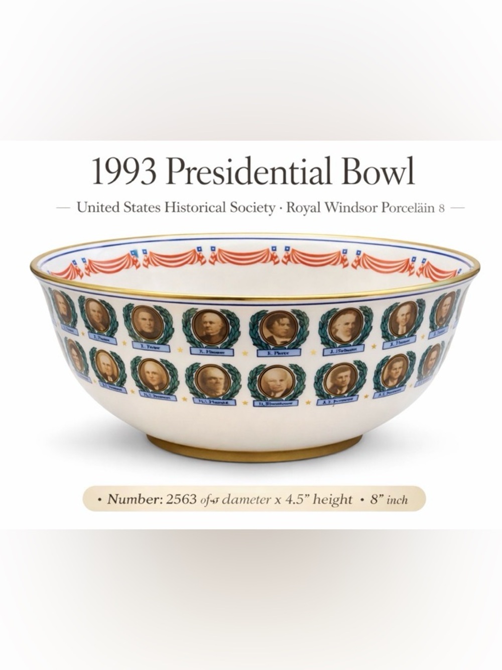 Vintage Presidential Bowl USA Historical Society Royal Windsor. Porcelain 8”